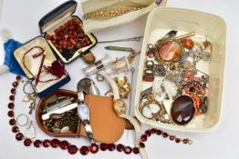 A BOX OF ASSORTED JEWELLERY, to include two large early 20th century banded agate brooches, a