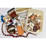 A BOX OF ASSORTED JEWELLERY, to include two large early 20th century banded agate brooches, a