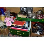 FIVE BOXES OF ASSORTED SUNDRIES, to include books, stainless steel tea set, ice bucket, a boxed