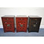 A PAIR OF BLACK AND RED FINISH ORIENTAL CABINETS, with painted chinoiserie detail, width 41cm x