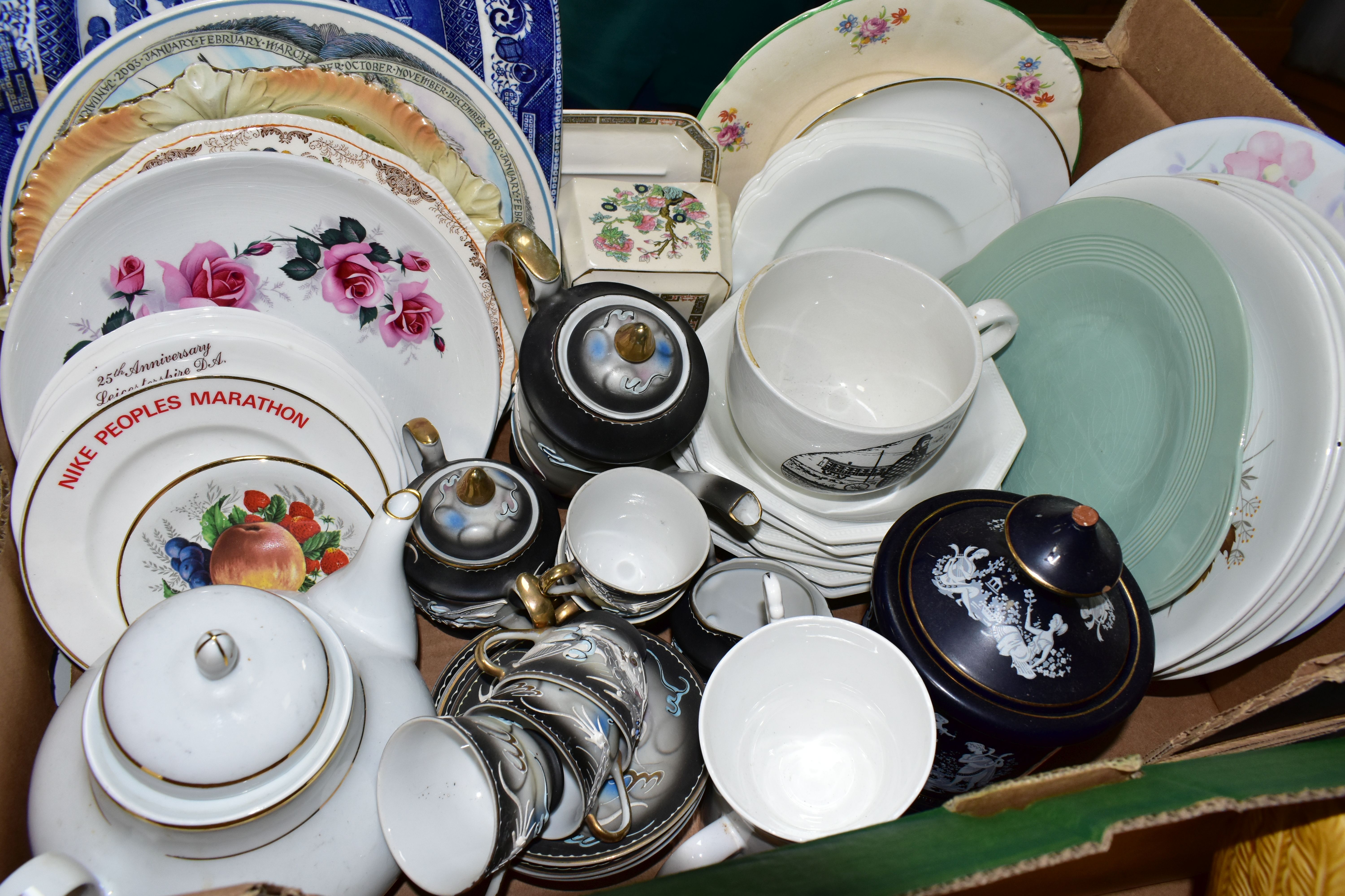 FOUR BOXES OF CERAMICS AND METALWARE, to include assorted tea sets, dinner wares, Spillars Flour - Image 7 of 8