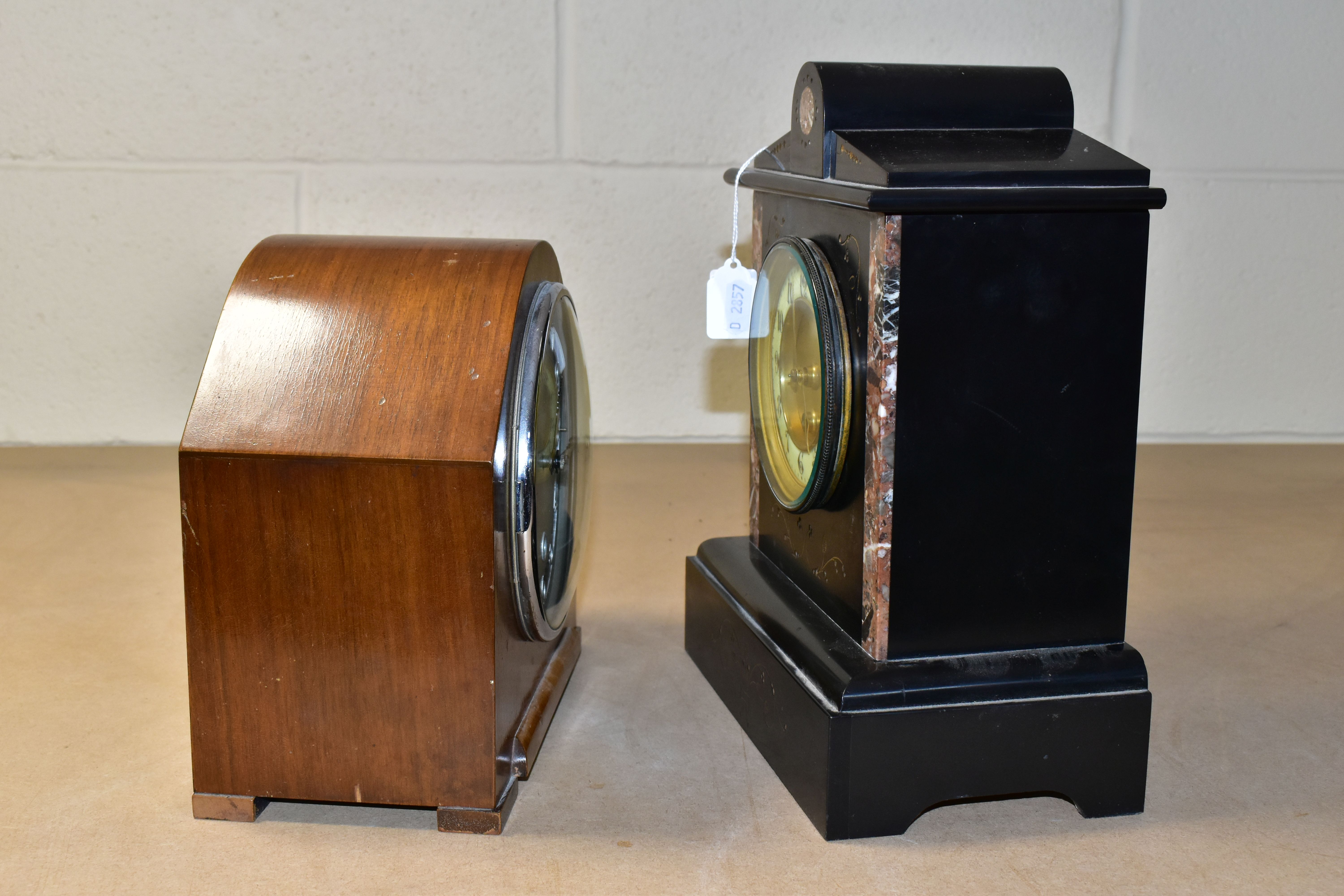 TWO MANTEL CLOCKS, comprising a black slate mantel clock with red marble inserts, engraved foliate - Image 3 of 7