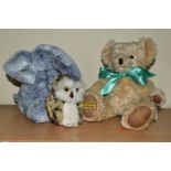 A MERRYTHOUGHT TEDDY BEAR, A STEIFF OWL, AND A JELLYCAT ELEPHANT, the teddy bear made by