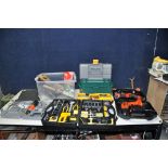 A TRAY AND A TOOLBOX CONTAINING TOOLS with various Black and Decker power tools including a