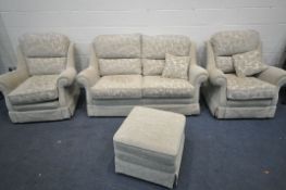 A BEIGE UPHOLSTERED FOUR PIECE LOUNGE SUITE, comprising a three seater settee, length 175cm, a