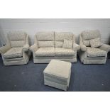 A BEIGE UPHOLSTERED FOUR PIECE LOUNGE SUITE, comprising a three seater settee, length 175cm, a