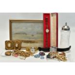 A BASKET OF ASSORTED ITEMS, to include a ladys boxed 9ct gold 'Certina' wristwatch, manual wind,