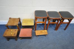 A SELECTION OF VARIOUS STOOLS, to include three with black leatherette seat pads, a rush seated
