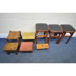 A SELECTION OF VARIOUS STOOLS, to include three with black leatherette seat pads, a rush seated