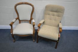 A VICTORIAN STYLE SPOONBACK ARMCHAIR, with open armrests, along with a wooden and beige