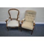 A VICTORIAN STYLE SPOONBACK ARMCHAIR, with open armrests, along with a wooden and beige