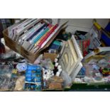 FIVE BOXES OF HABERDASHERY AND CRAFTING TOOLS AND MATERIALS, to include boxed Spectrum Aqua pens,