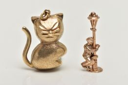 TWO 9CT GOLD CHARMS, the first a yellow gold cat charm, hallmarked 9ct Birmingham import,