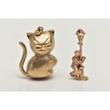 TWO 9CT GOLD CHARMS, the first a yellow gold cat charm, hallmarked 9ct Birmingham import,