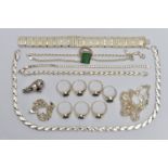 AN ASSORTMENT OF SILVER AND WHITE METAL JEWELLERY, to include two silver chain bracelets, both