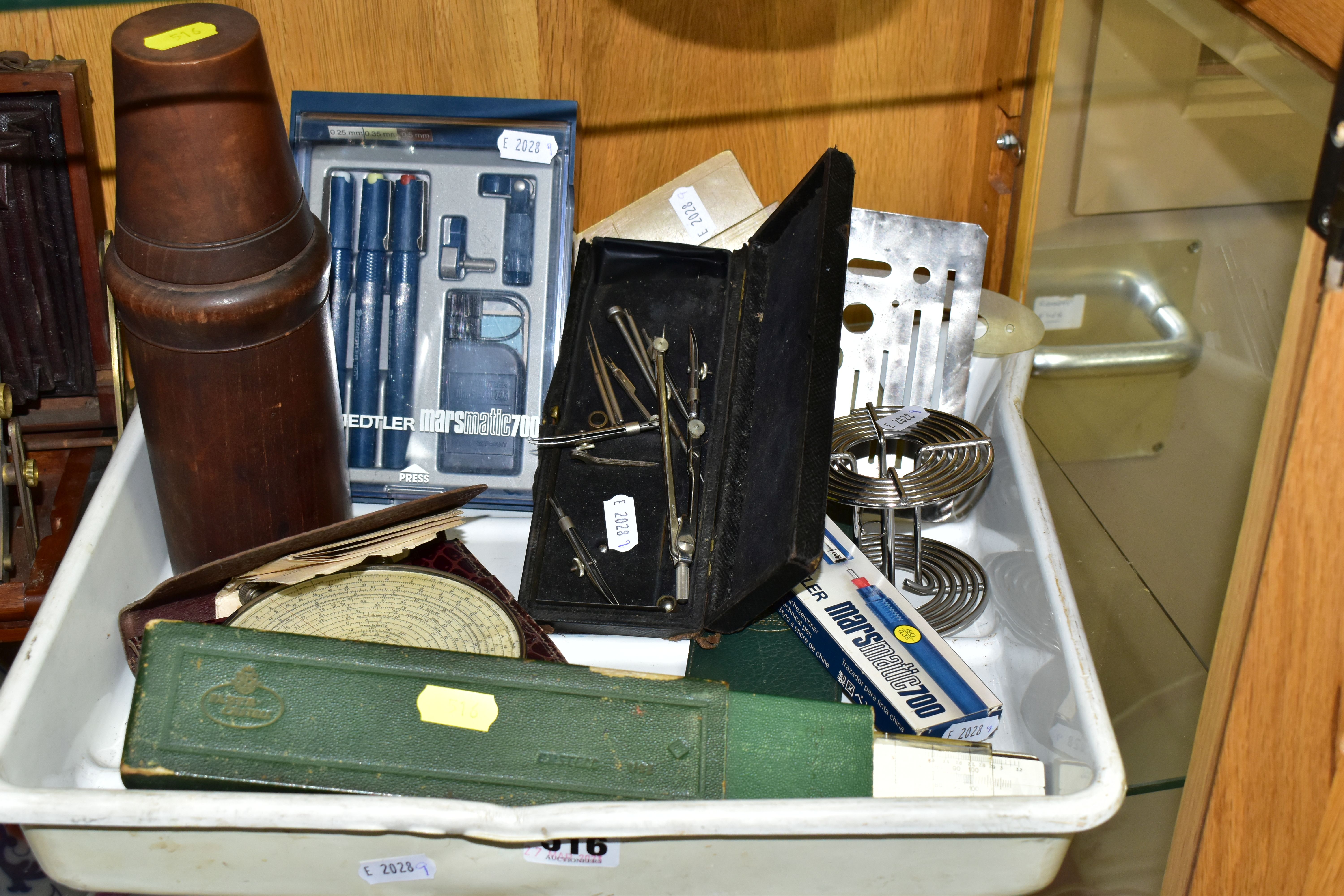 A BOX OF VINTAGE TECHNICAL DRAWING EQUIPMENT, to include a cased set of Staedtler Marsmatic 700