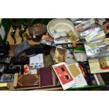 TWO BOXES AND LOOSE EPHEMERA, METAL WARES, AND SUNDRY ITEMS, to include twenty two early twentieth