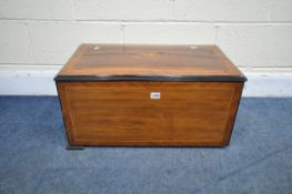 A MAHOGANY AND INLAID MUSIC BOX CASE, with a hinged lid (condition - later added feet, music