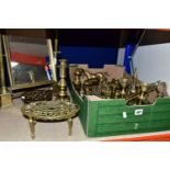 A BOX AND LOOSE BRASSWARES, to include a brass framed tilting dressing table mirror height 41.5cm,