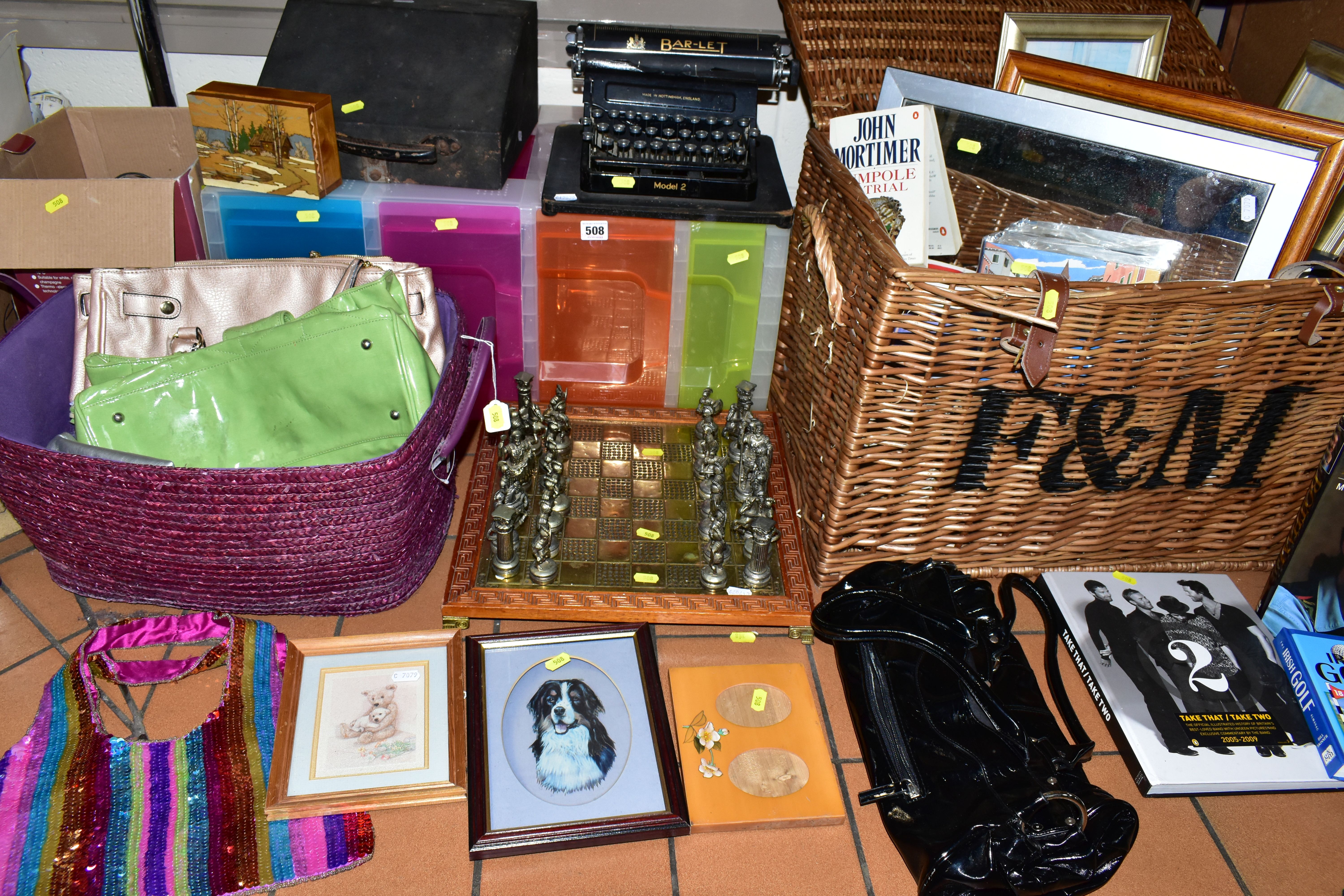 A GROUP OF SUNDRIES, to include a Fortnum & Mason wicker hamper, a vintage Bar-Let Model 2