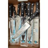 A BOX OF NEW AND PACKAGED KITCHEN KNIVES, twelve in total, to include four 8 chefs knives, two 6