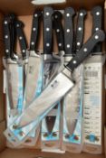 A BOX OF NEW AND PACKAGED KITCHEN KNIVES, twelve in total, to include four 8 chefs knives, two 6