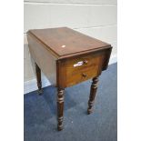 A VICTORIAN FLAME MAHOGANY WORK TABLE, with double drop leaves, two drawers and opposing fall