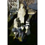 A WEATHERED COMPOSITE FIGURE OF A LADY IN ROBES, height 101cm, two composite Gnomes (condition:-