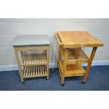 AN OASIS ISLAND BEECH FOLDING KITCHEN TROLLEY, along with a marble top kitchen trolley (condition:-