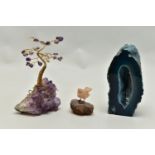 THREE MINERAL SPECIMEMS, the first an amethyst geode, fashioned with a yellow metal wire tree