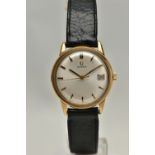 A GENTS 9CT GOLD 'OMEGA' WRISTWATCH, manual wind, round silver dial signed 'Omega, baton markers,