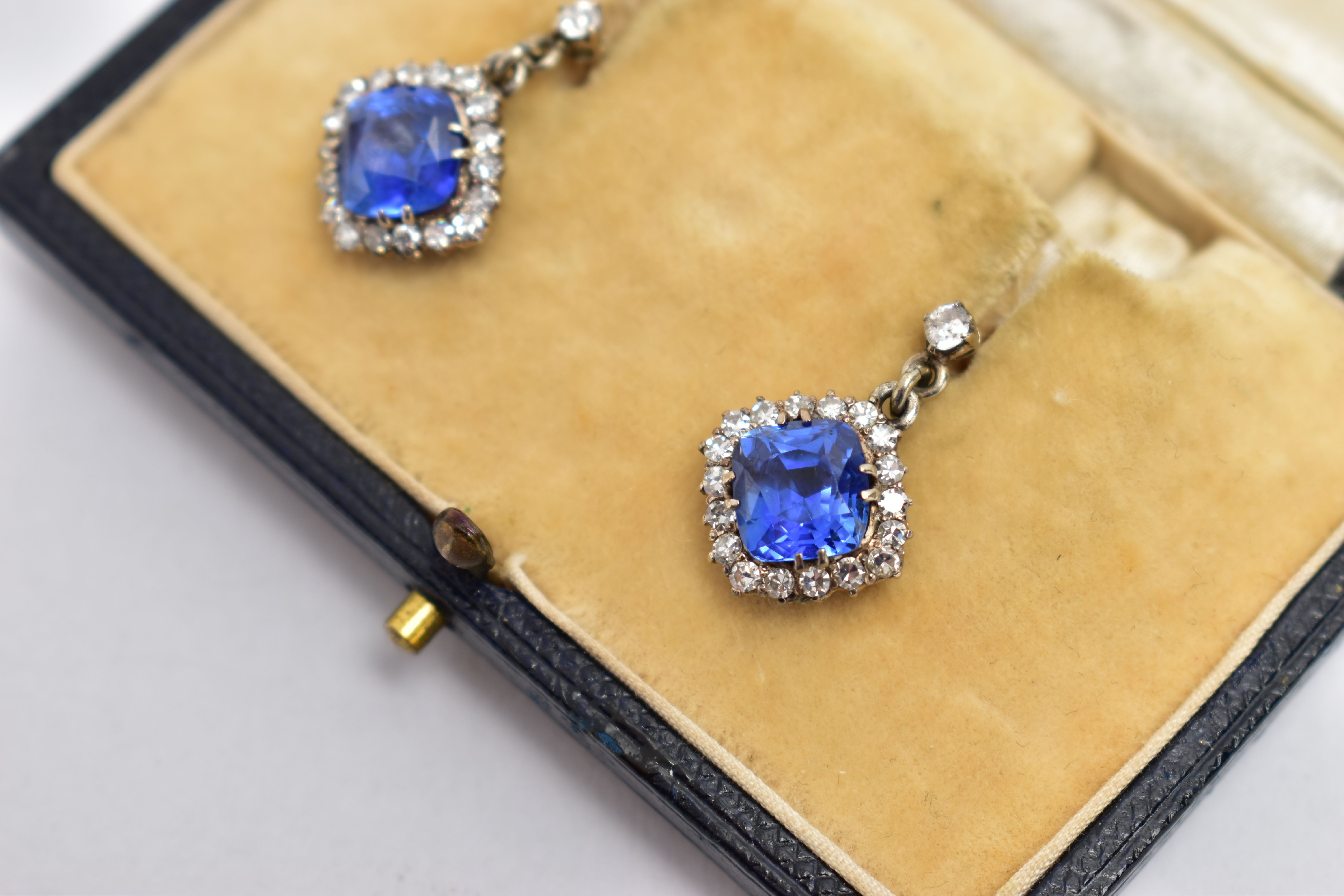 A PAIR OF EARLY 20TH CENTURY SAPPHIRE AND DIAMOND EARRINGS, each earring set with a cushion cut - Image 4 of 11