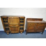 AN OAK SIDE BY SIDE BUREAU BOOKCASE, width 122cm x depth 40cm x height 115cm, with one key, and an