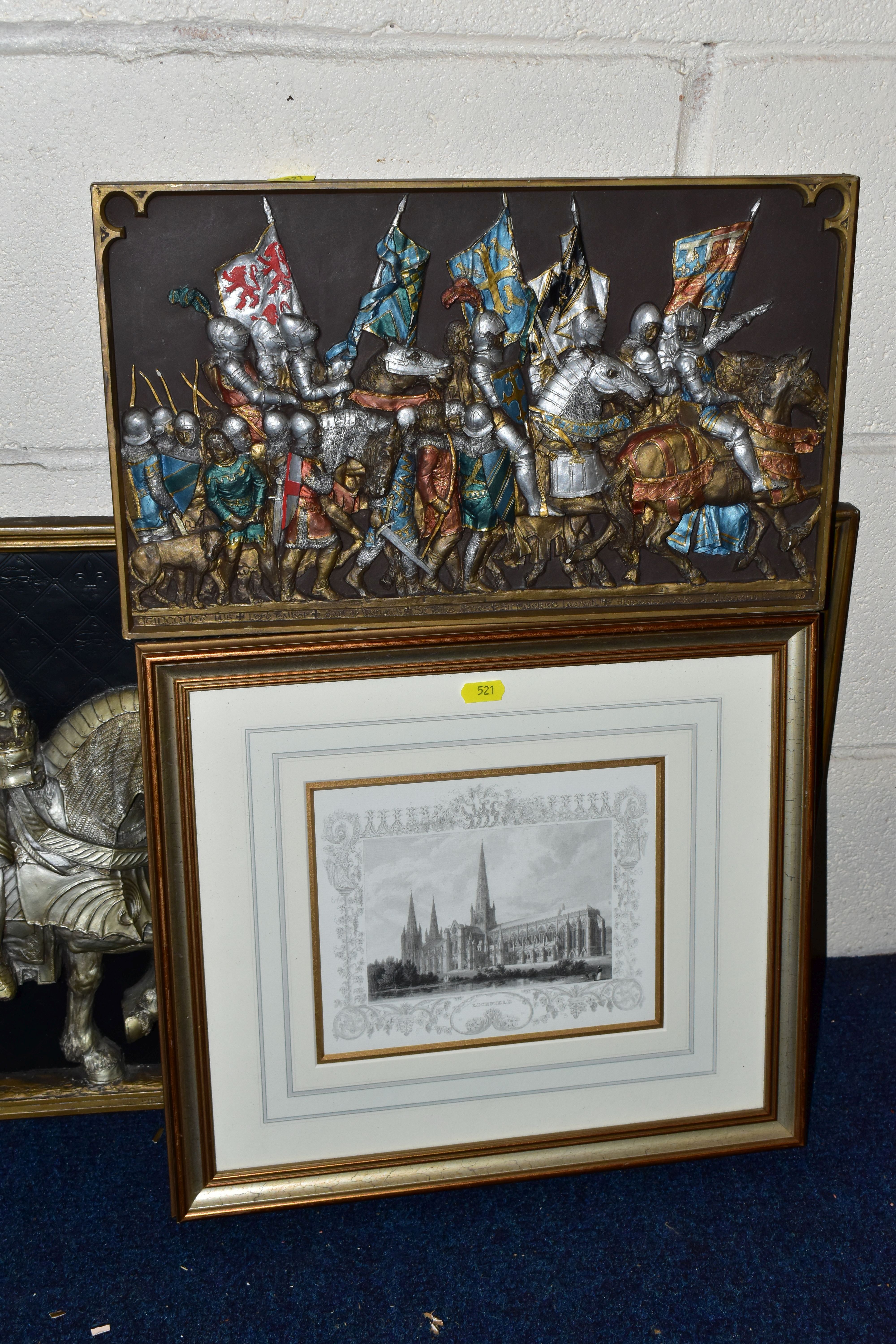 SIX DECORATIVE PRINTS AND WALL PLAQUES, comprising a framed print depicting a 19th Century - Image 4 of 5