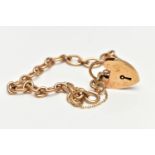 A 9CT GOLD BRACELET, oval link chain fitted with a spring clasp, fitted with a heart padlock clasp