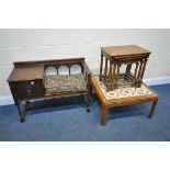 AN OAK TELEPHONE SEAT, an oak nest of three tables and a G plan teak tile top coffee table (