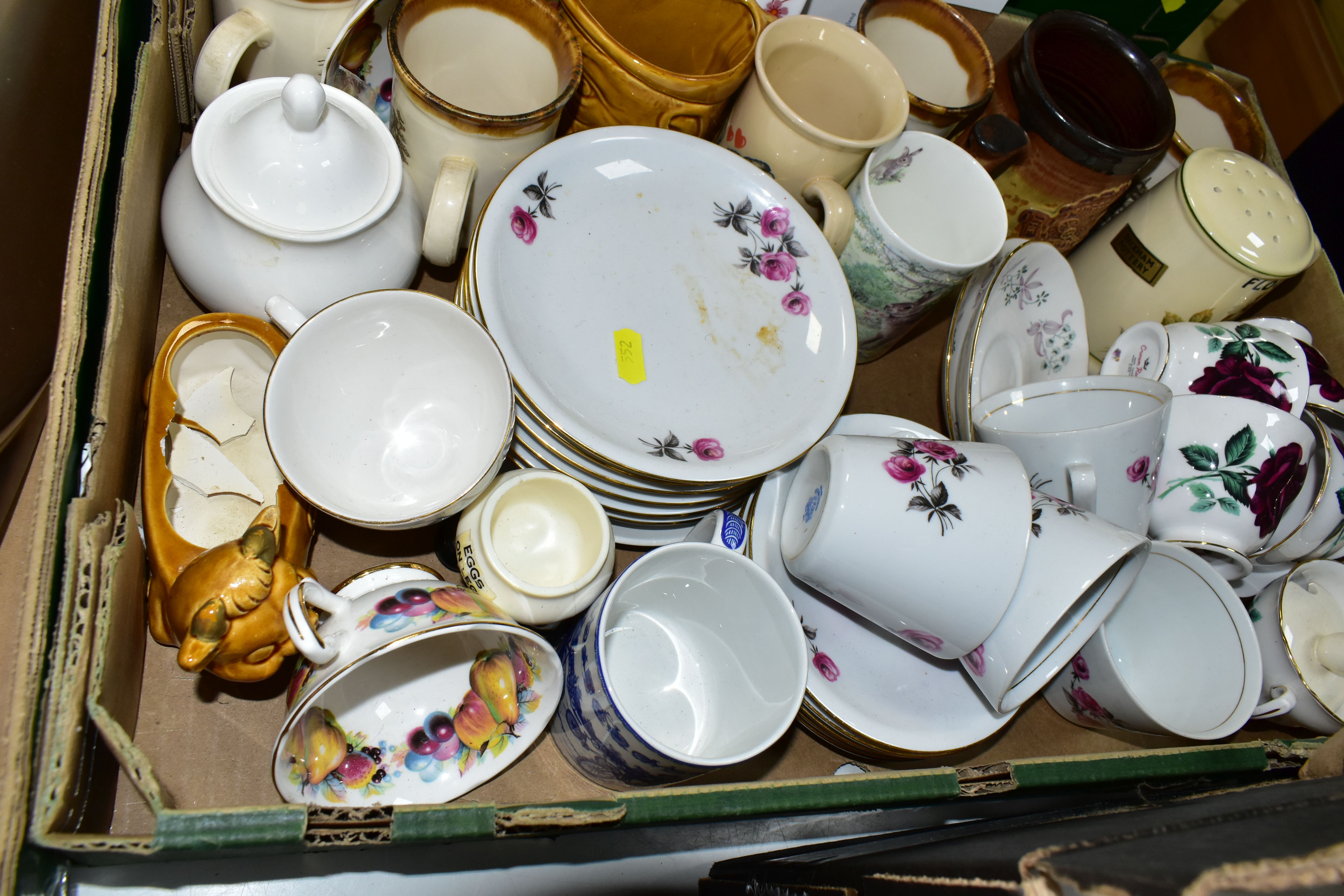 FOUR BOXES OF CERAMICS AND METALWARE, to include assorted tea sets, dinner wares, Spillars Flour - Image 8 of 8