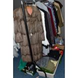 EIGHT BOXES AND ONE RAIL OF VINTAGE GENTS AND LADIES CLOTHING AND ACCESSORIES, to include leather