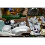FOUR BOXES OF CERAMICS AND METALWARE, to include assorted tea sets, dinner wares, Spillars Flour