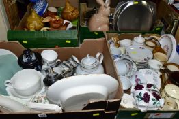 FOUR BOXES OF CERAMICS AND METALWARE, to include assorted tea sets, dinner wares, Spillars Flour