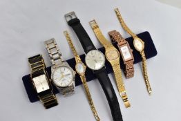 A SMALL BOX OF WATCHES, to include a yellow metal 'Rotary' ladys cocktail watch, two ladys 'Sekonda'