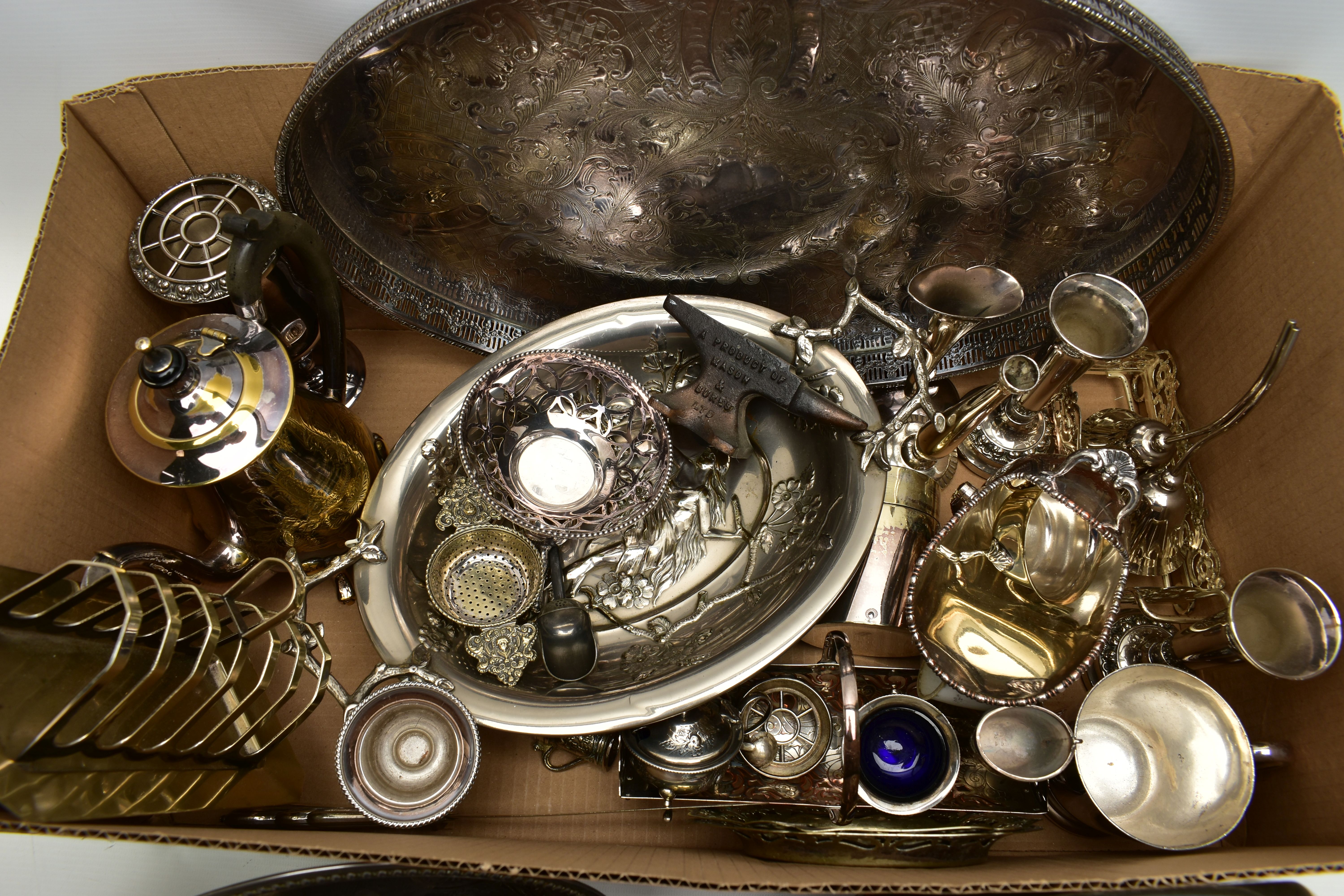 A BOX OF ASSORTED WHITE METAL WARE, to include trays, teapots, posy vases, goblets, tankard, toast - Image 4 of 5