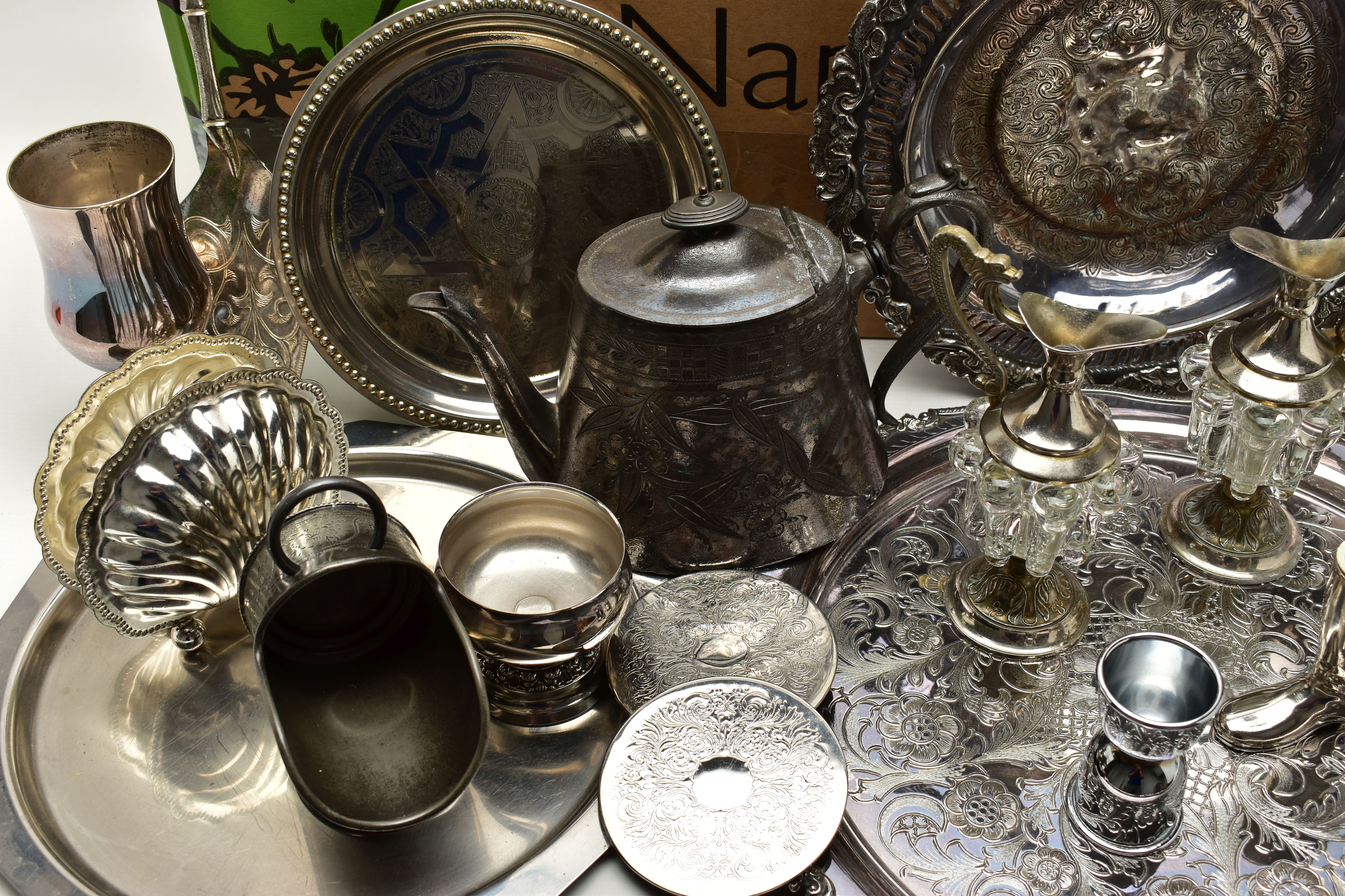 A BOX OF ASSORTED WHITE METAL WARE, to include trays, teapots, posy vases, goblets, tankard, toast - Image 3 of 5