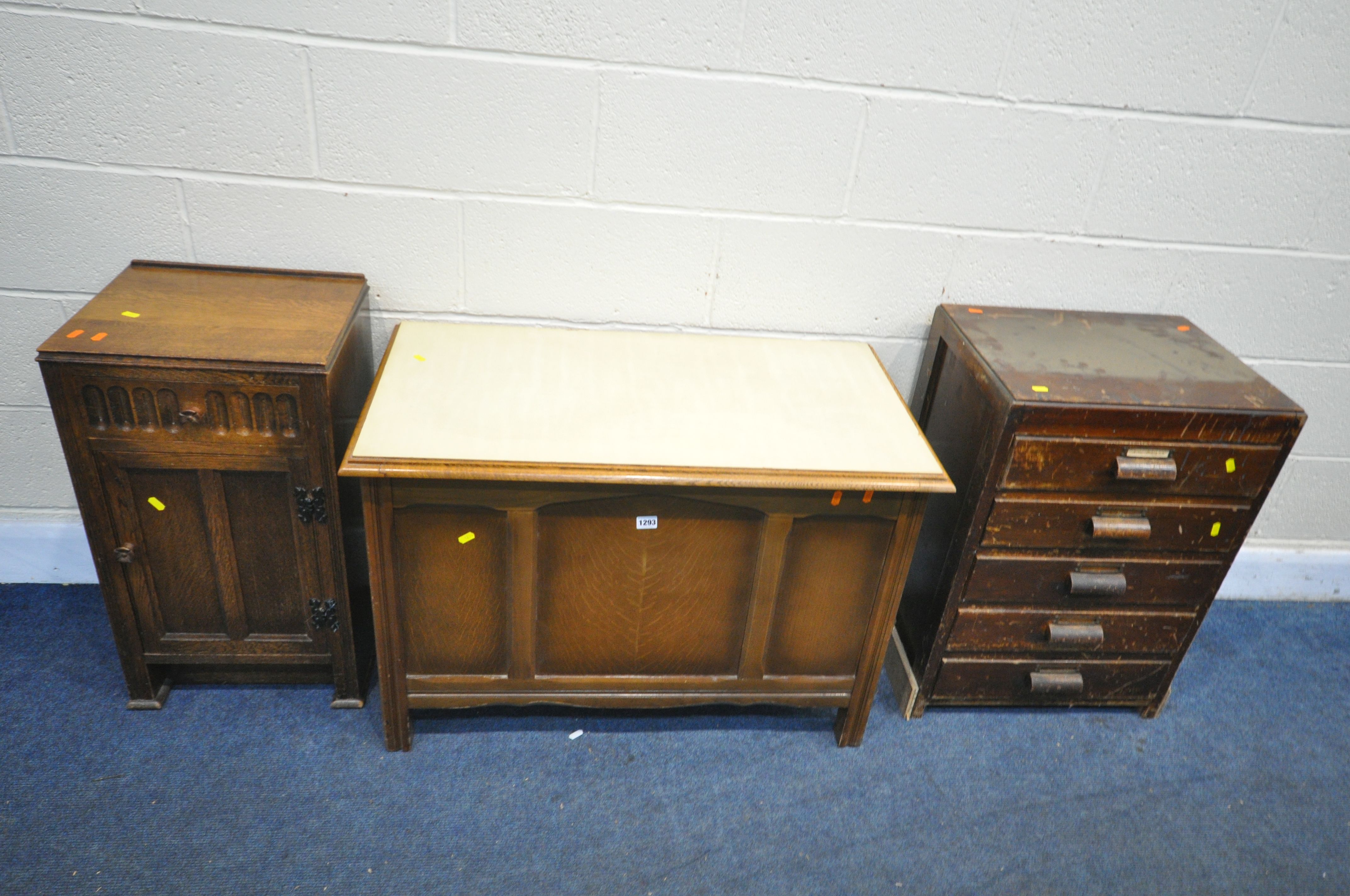 A 20TH CENTURY OAK BLANKET CHEST, the hinged lid with a later added top, width 90cm x depth 49cm x