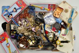 A BOX OF ASSORTED COSTUME JEWELLERY AND ITEMS, to include various beaded necklaces, imitation