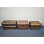 TWO VINTAGE TIN TRUNKS, along with a vintage domed topped trunk (condition:-domed trunk distressed