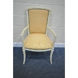 A CREAM FRENCH OPEN ARMCHAIR, with gold fabric