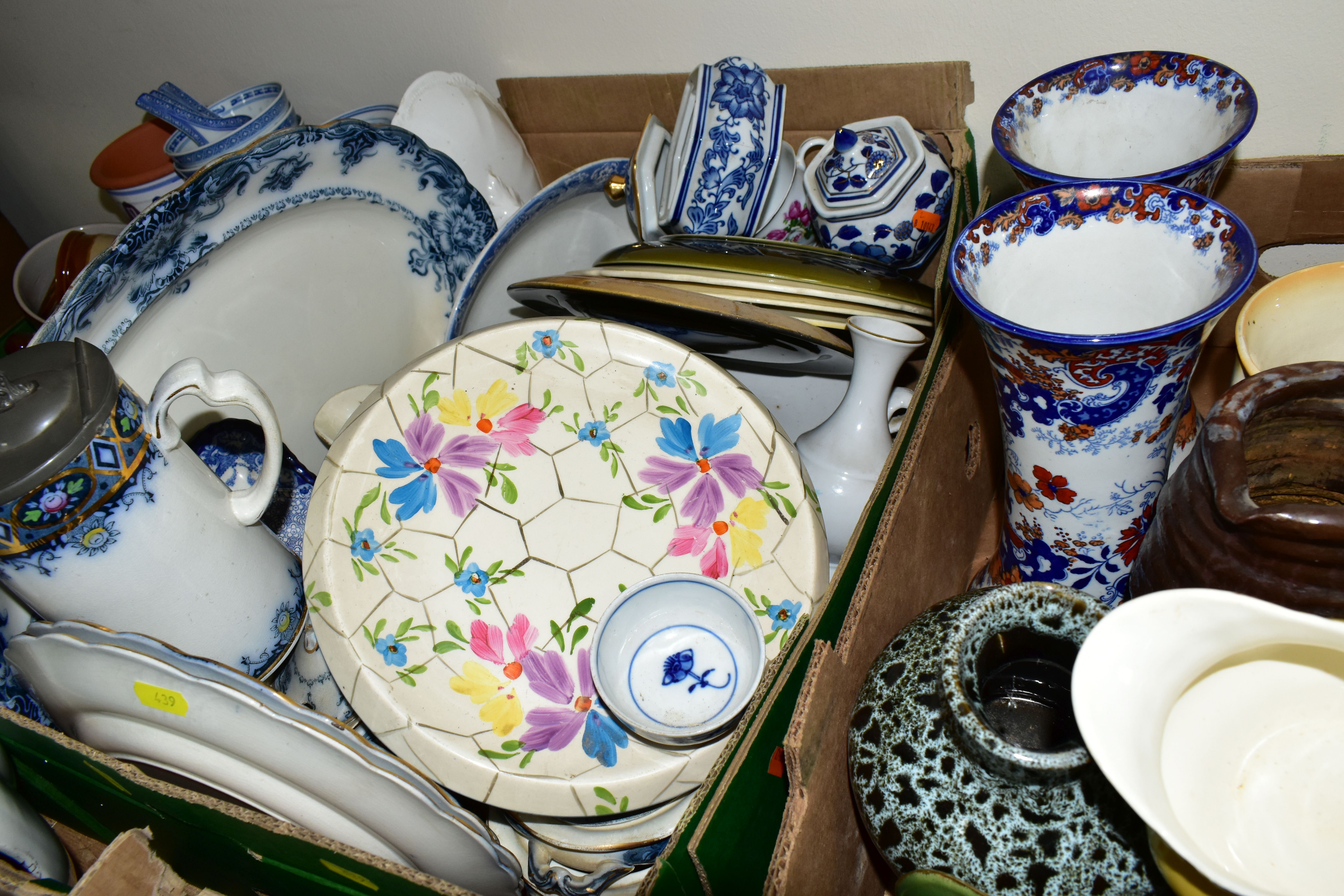 FIVE BOXES OF CERAMICS, to include a large black and white Royal Doulton 'Willow' pattern meat - Image 6 of 8