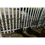 A PAIR OF WROUGHT IRON DRIVEWAY GATES, overall width 204cm x each width 102cm x height 92cm x and