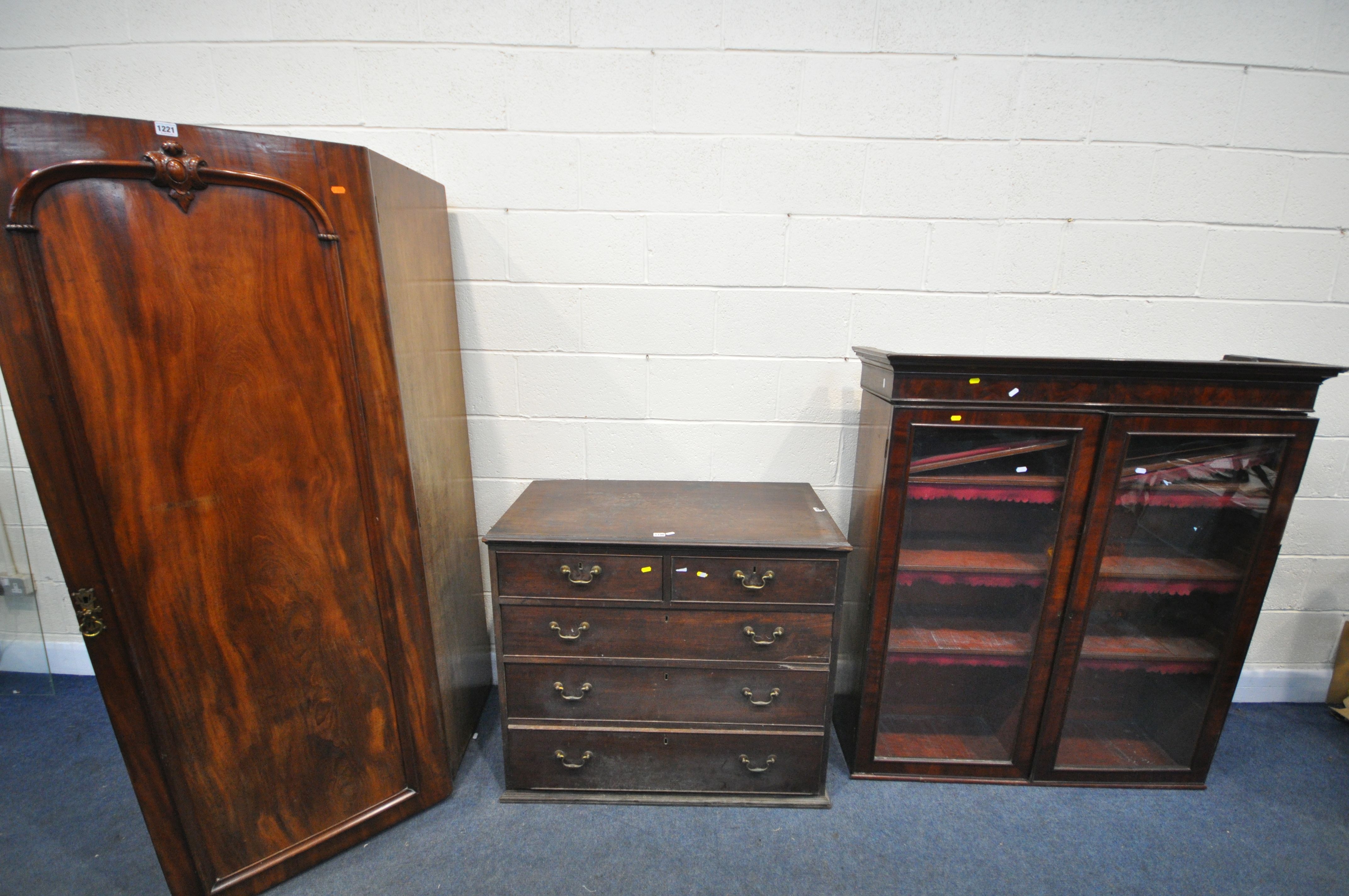 A GEORGIAN MAHOGANY CHEST OF FIVE DRAWERS, width 98cm x depth 53cm x height 87cm, a Victorian